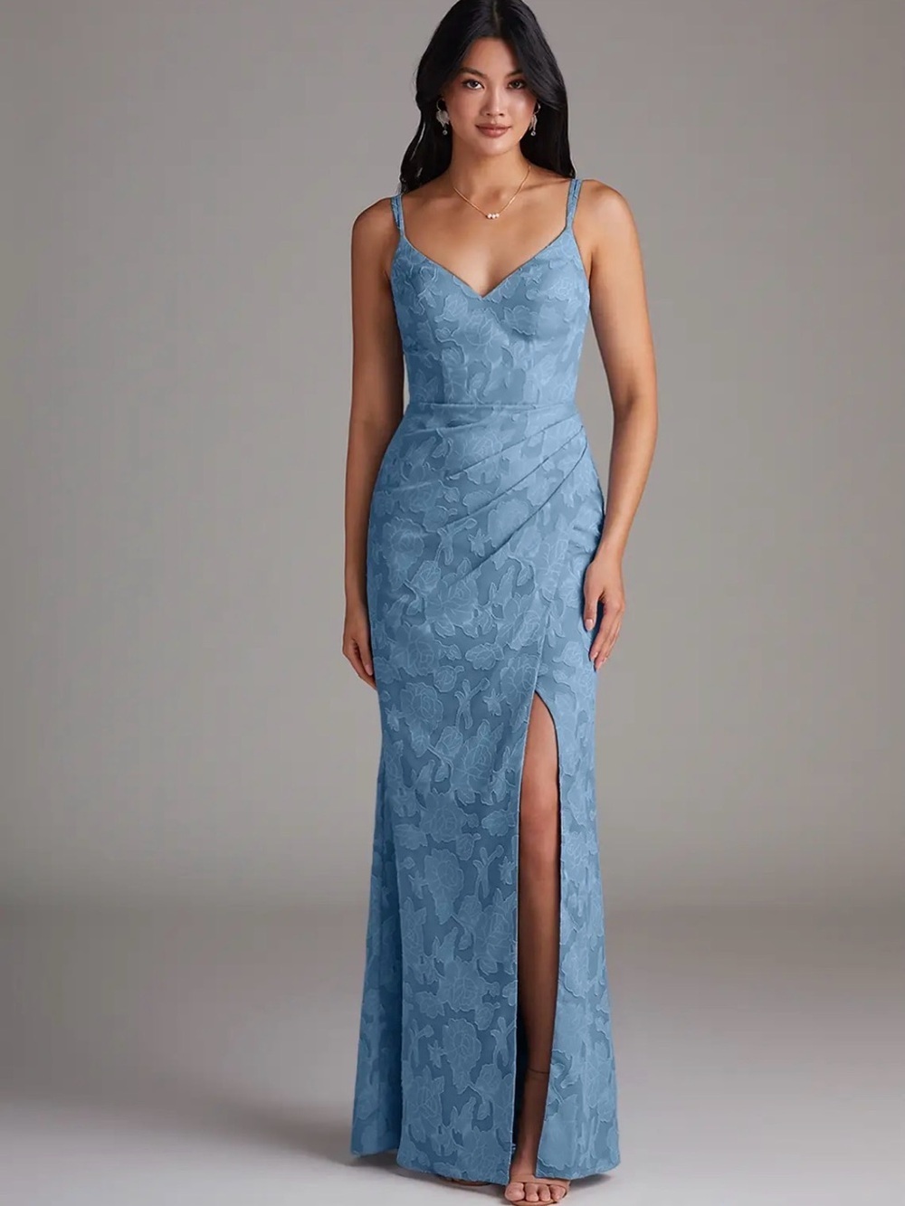Azazie Leo Blue Lace V-Neck Evening Dress with Side Slit